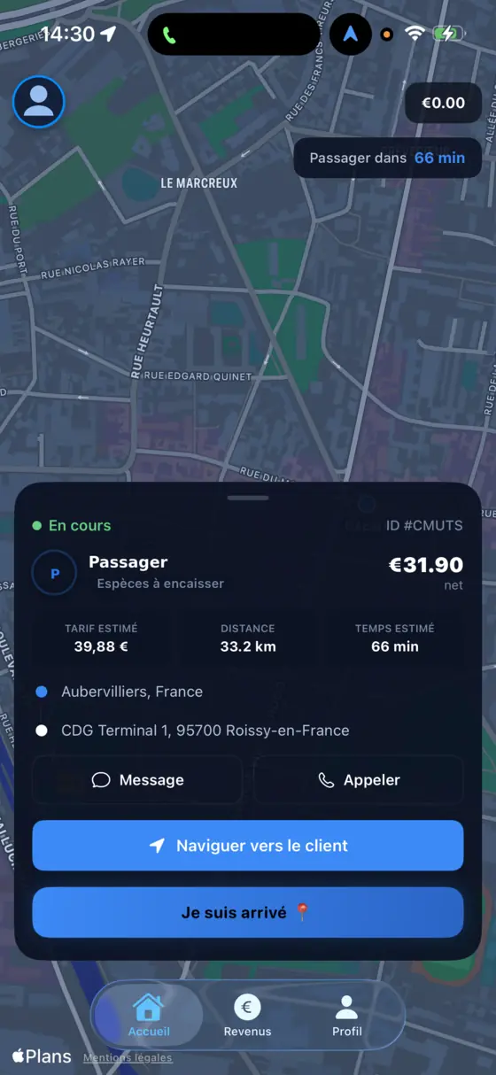 Écran chauffeur de l'application BLACKBIRD : course en cours, tarif et itinéraire