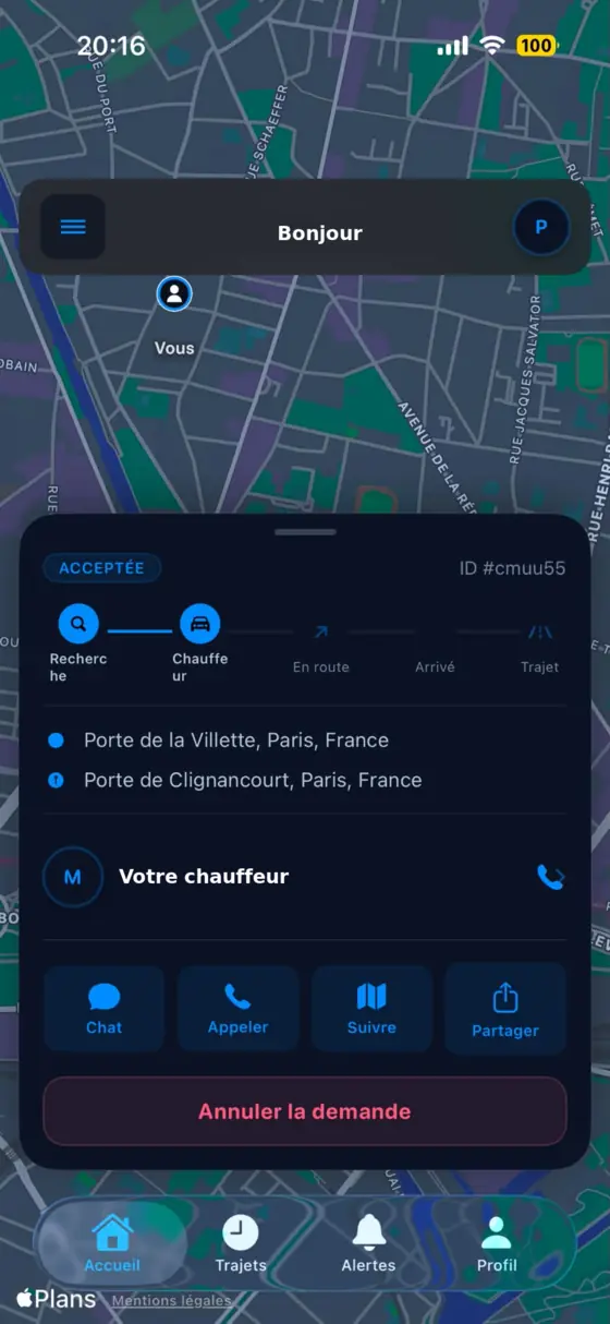Écran passager de l'application BLACKBIRD : course acceptée, trajet et chauffeur