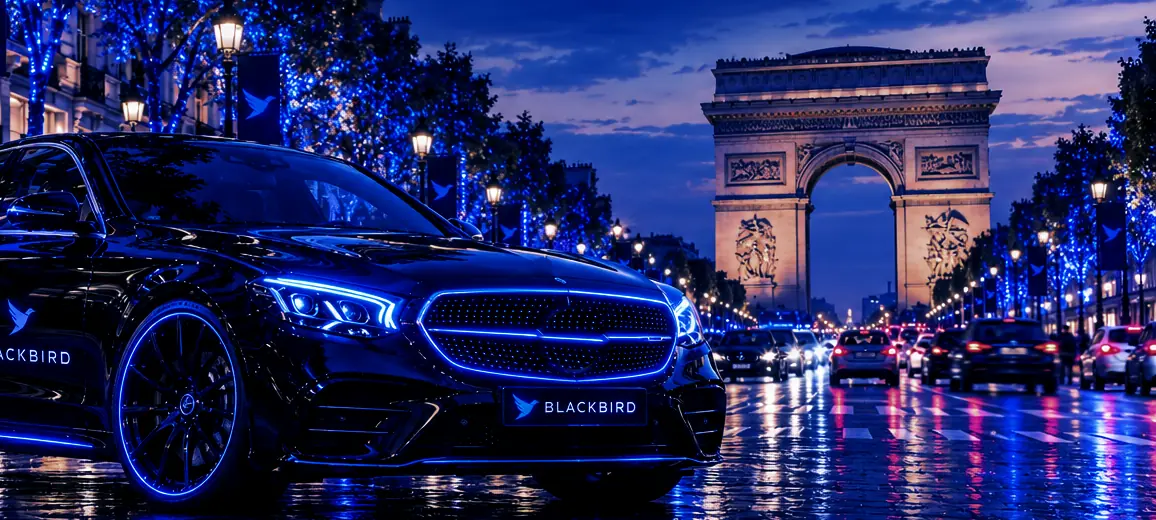Berline BLACKBIRD de nuit sur les Champs-Élysées, l'Arc de Triomphe au fond