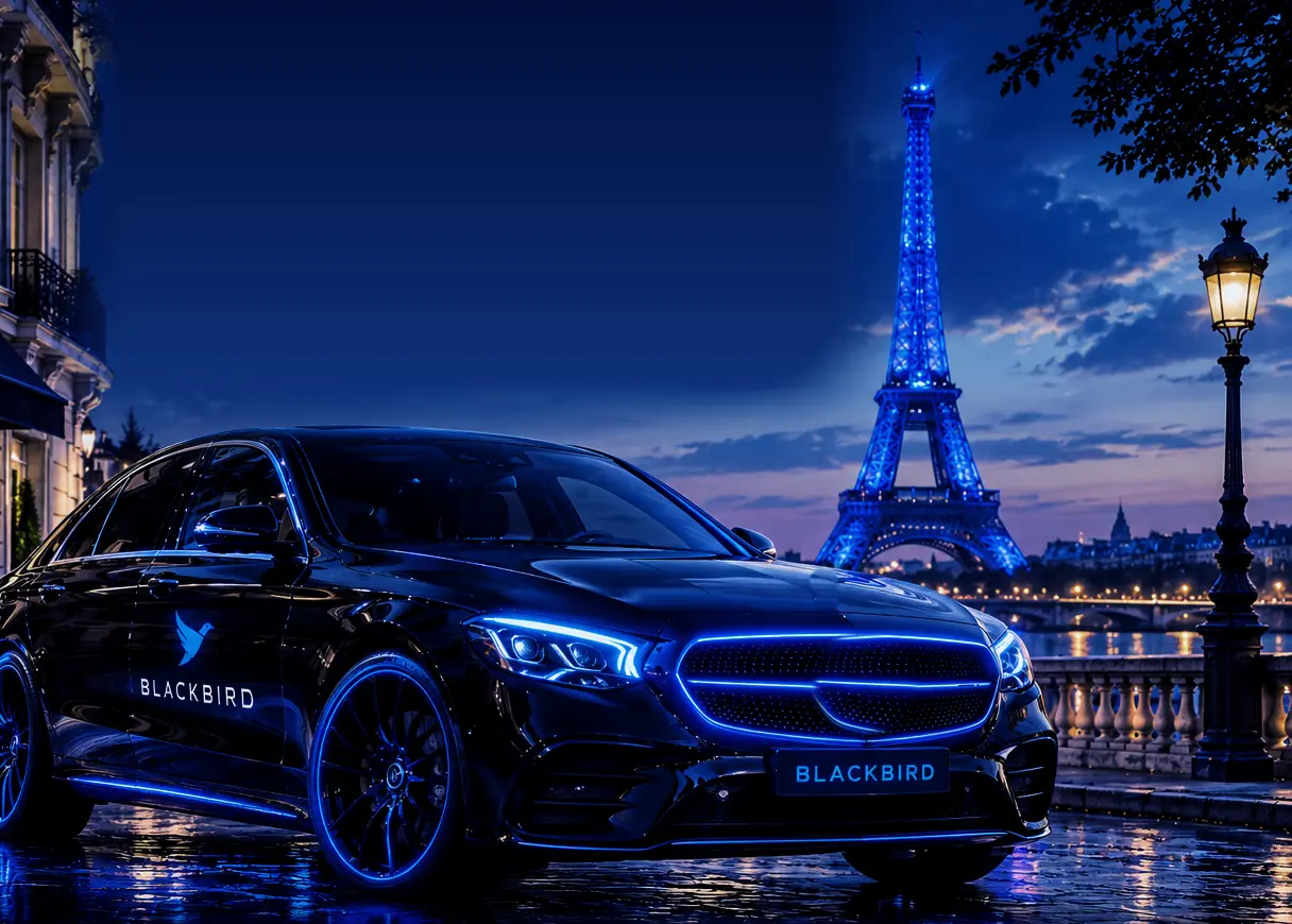 Berline BLACKBIRD au bord de la Seine, la tour Eiffel illuminée au fond